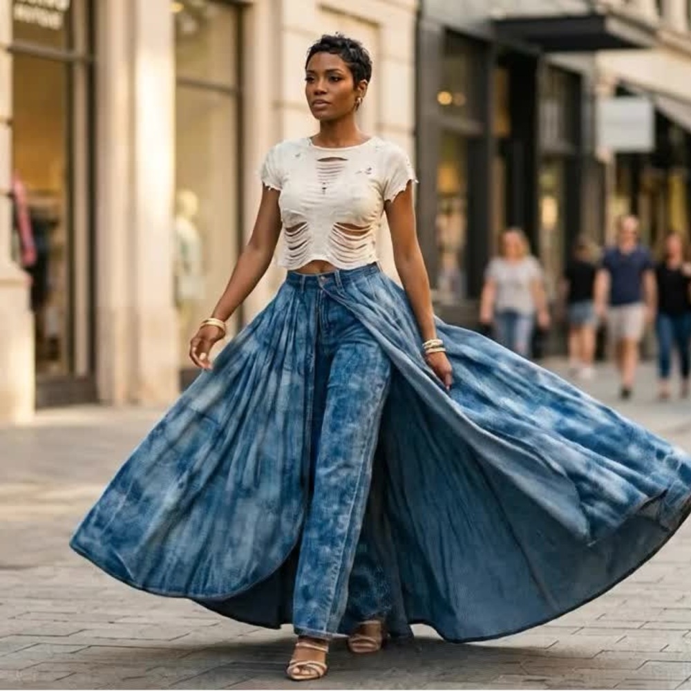 Blue Tie-Dye Maxi Skirt Pants - Women's Flowing Denim Look